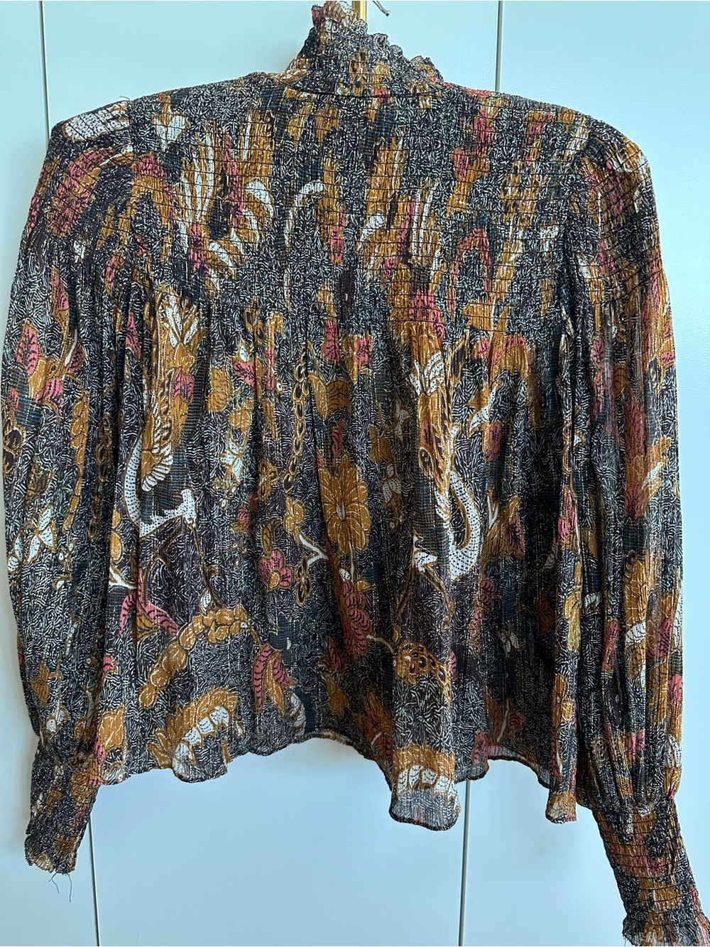 Ulla Johnson Smocked Metallic Floral Blouse Silk Blend Brown Gold Size XS/S - Picture 2 of 4